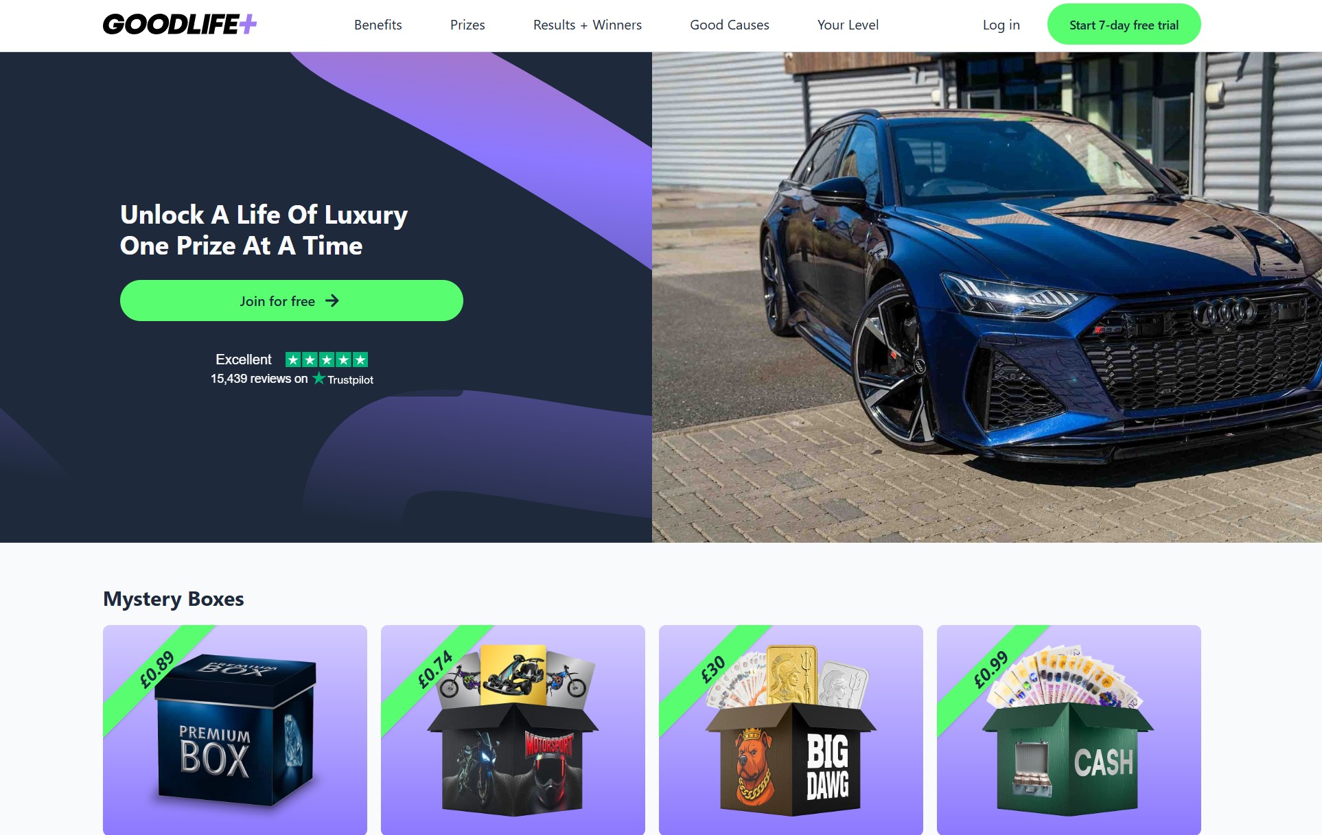 Good Life Plus Review Update 2025 - Website main page showing a car prize, even though you can't win the prize for months