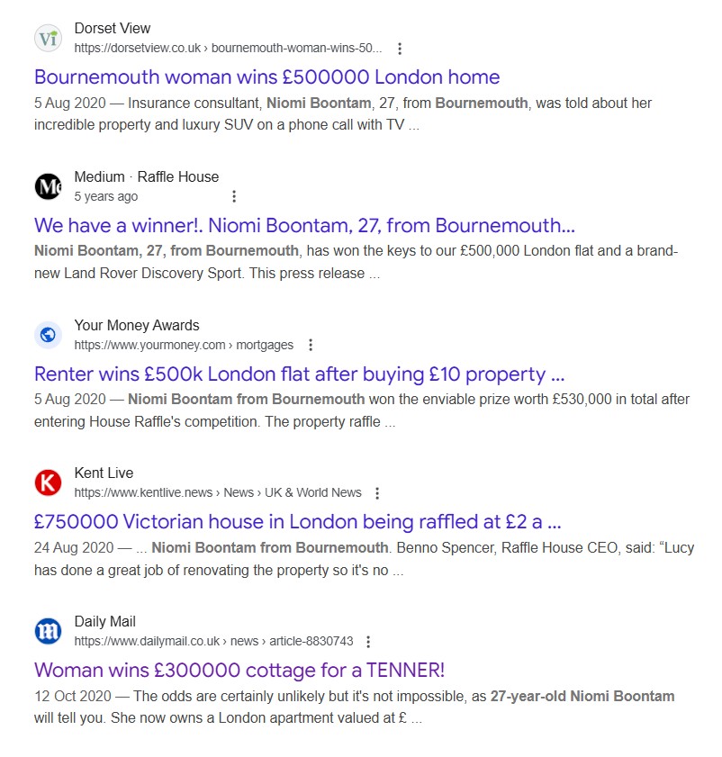 Raffle House Review - Example of a 2020 winner Niomi Boontam, who won a house with Raffle House