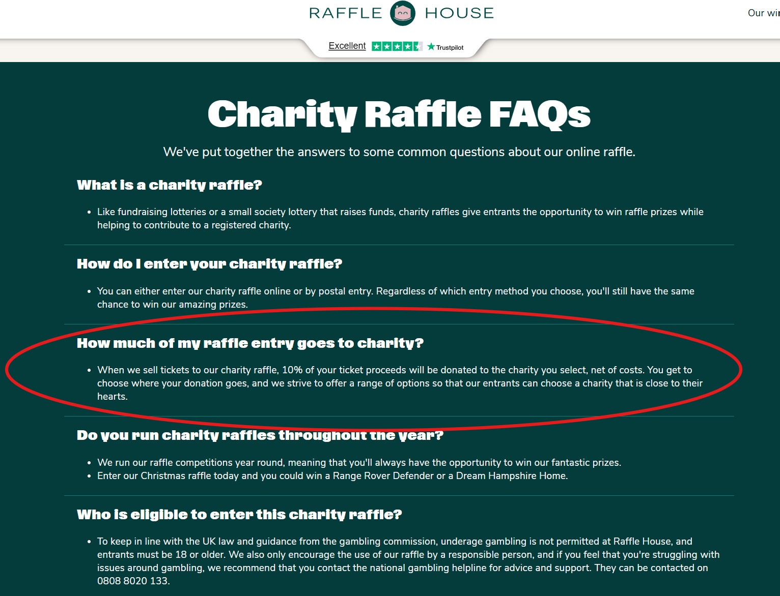 Raffle House Review - Raffle FAQs showing Raffle House should pledge 10% of sales to charities