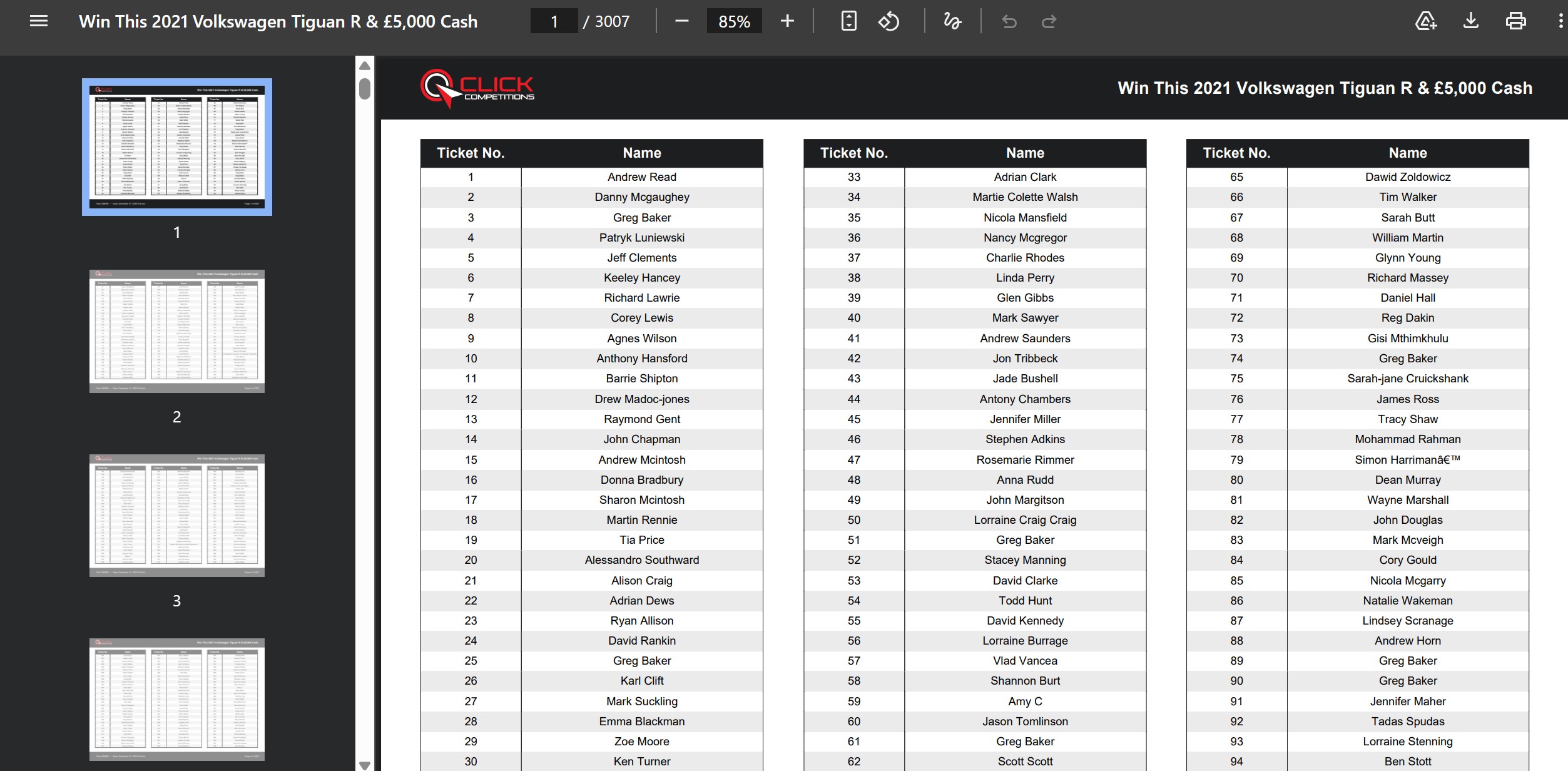 Click Competitions Review - Entry List Example