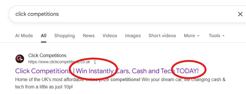 Click Competitions Review - Google Search Result
